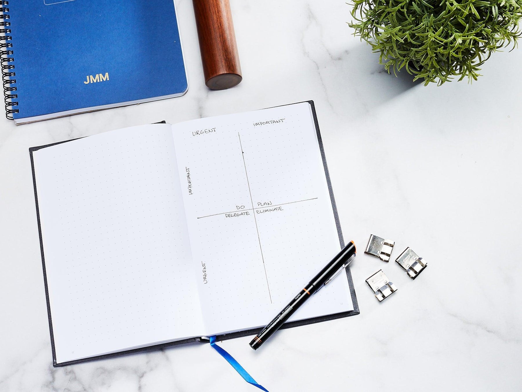 Classic Hardcover Notebook on marble with a Eisenhower matrix written down